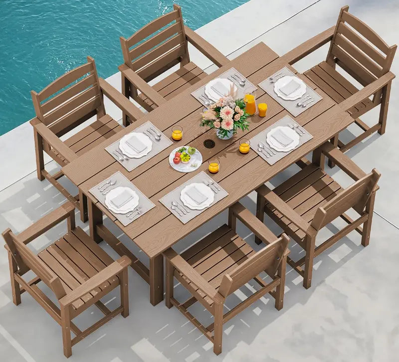 SERWALL 7-Piece Blue HDPE Outdoor Dining Set with Umbrella Hole and Stackable Chairs