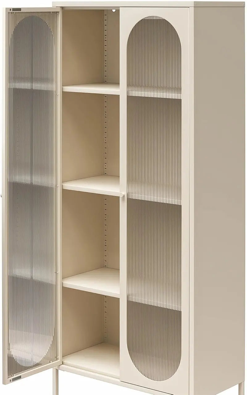 Luna Accent Cabinet in Parchment Finish: Tall Two-Door Design with Fluted Glass Panels and Elegant Detailing