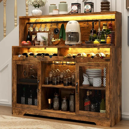 LED-Illuminated Wine & Liquor Bar Cabinet  Multi-Function Coffee Bar with Glass Holders & Buffet Storage