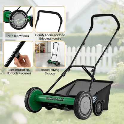 18-Inch Manual Push Reel Lawn Mower with 5-Blade Manganese Steel Cutting System