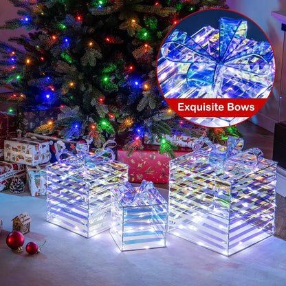 Three-Piece Lighted Gift Box Set — 90 LED-Illuminated Presents with Bows, Zip Ties & Ground Stakes