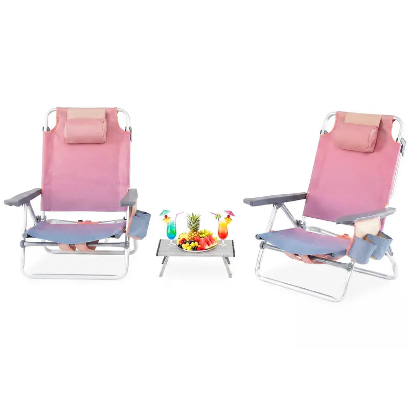 Adjustable Folding Beach Chair for Adults  5-Position Recline, Head Pillow & Integrated Cooler Bag