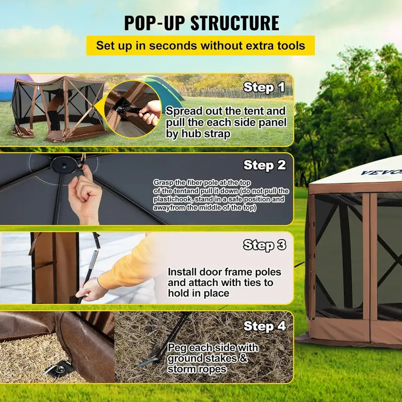 12′ x 12′ Hexagonal Camping Awning Tent — IPX3 Waterproof, Mesh Ventilation, Portable Storage Bag