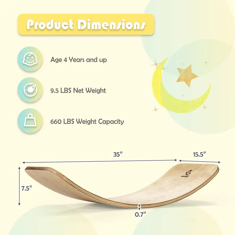 Wooden Balance Board  35-Inch Stability Trainer for Kids and Adults (660 lb Weight Capacity)