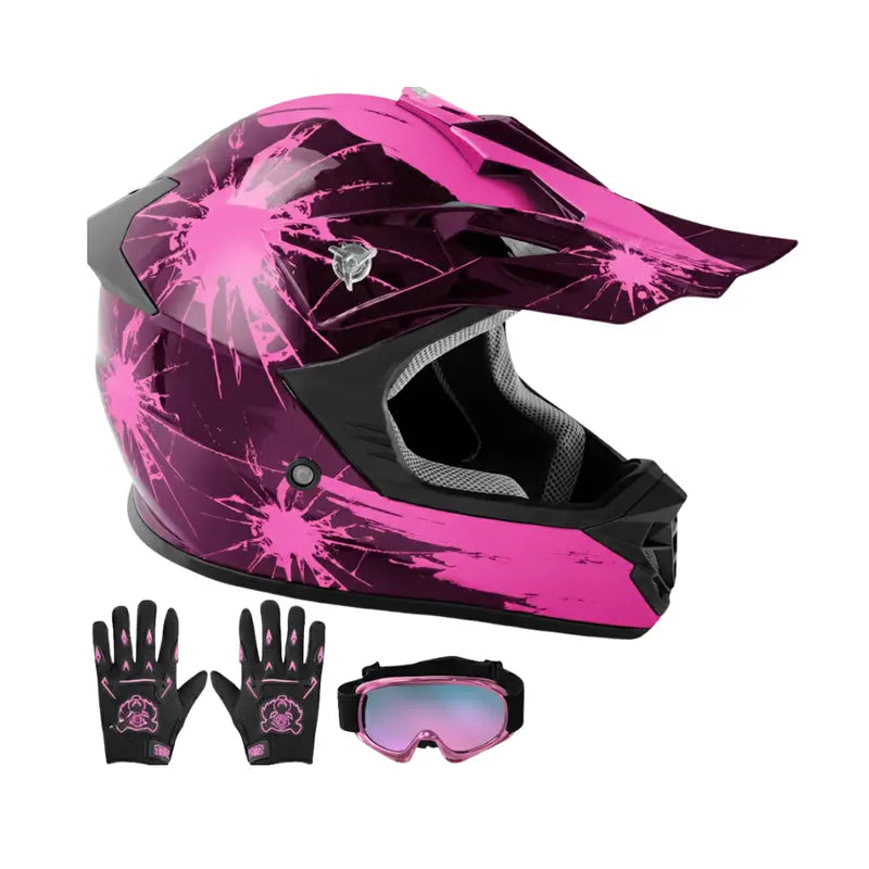 Youth Motorcycle Helmet Set Featuring Full-Face Protection, Goggles & Gloves