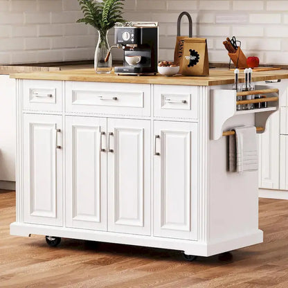 White Rolling Kitchen Island Cart  Drop-Leaf Wood Top, Embossed Finish, Doors & Drawers