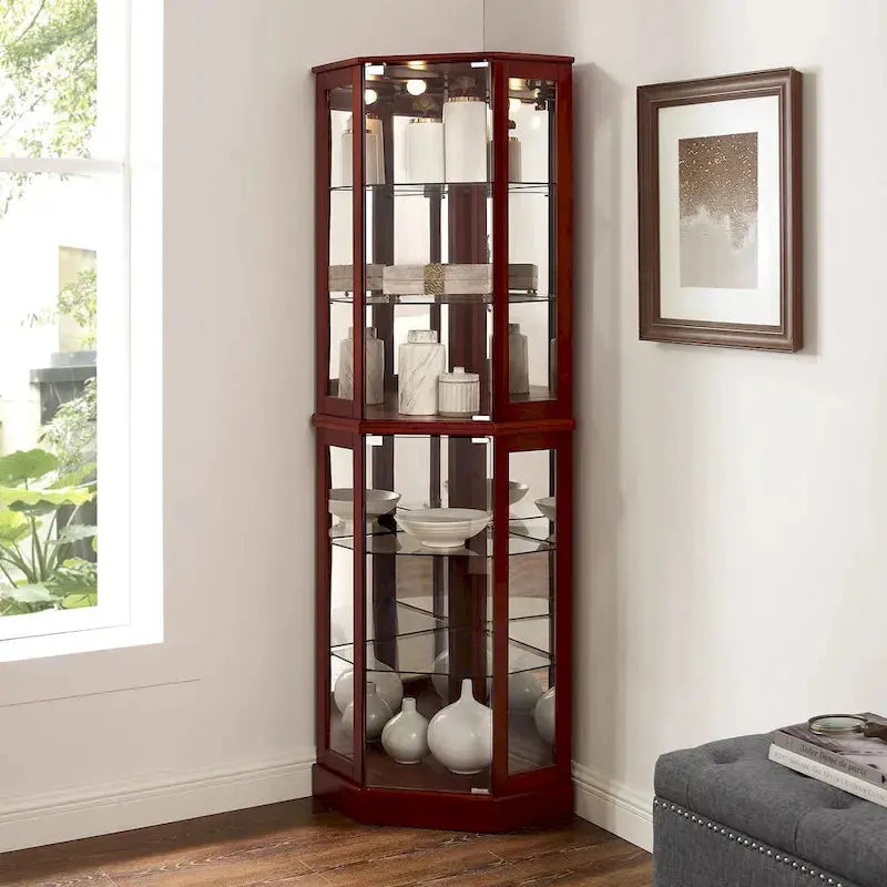 Cherry-Finished Corner Curio Cabinet — 6-Tier Display Unit with Interior Lighting, Mirrored Backs & Adjustable Shelves