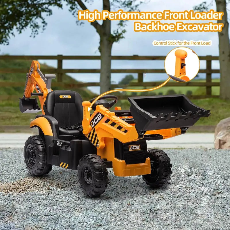 12V JCB Ride-On Excavator Toy  Realistic Digging Arm, Adjustable Speeds, Slow Start/Stop & Ages 48