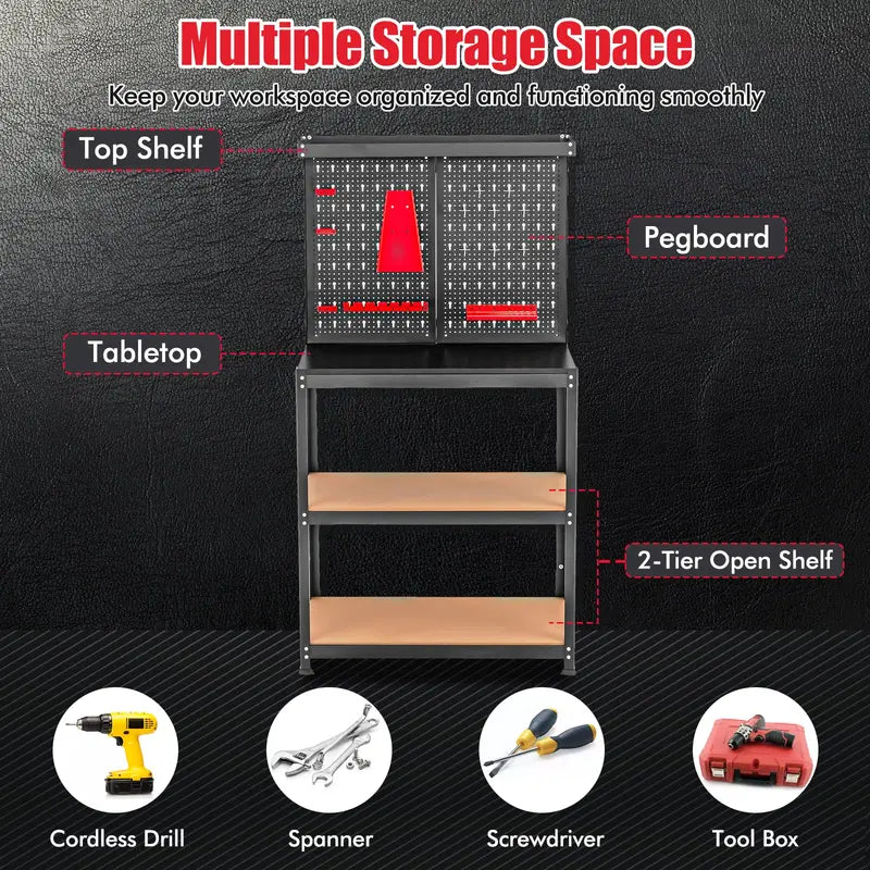 Heavy-Duty Steel Workbench with Pegboard  Tool Table Featuring 2 Open Shelves & 13 Accessories