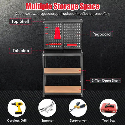 Heavy-Duty Steel Workbench with Pegboard  Tool Table Featuring 2 Open Shelves & 13 Accessories