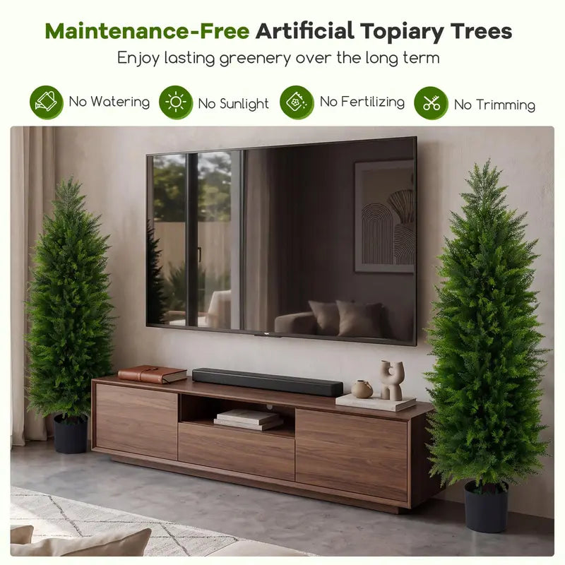 Set of 2 Artificial Cedar Cypress Plants in Cement-Filled Pots (4 FT Tall)
