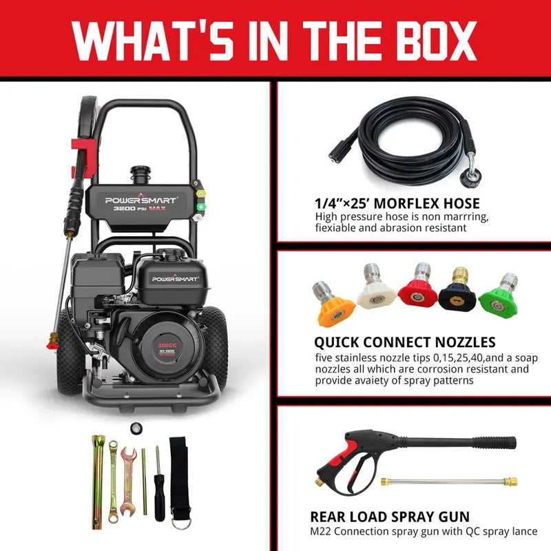 PowerSmart 3200 PSI Gas Pressure Washer, 2.5 GPM, 5 Nozzles, 208cc Engine, CARB Compliant