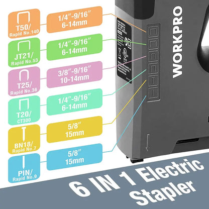 WORKPRO 110V 6-in-1 Electric Stapler & Tacker for Woodworking and DIY Projects