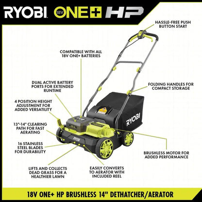 RYOBI ONE+ HP 18V Brushless 14 in. Cordless Battery Dethatcher/Aerator with (2) 4.0 Ah Batteries and Charger P2740