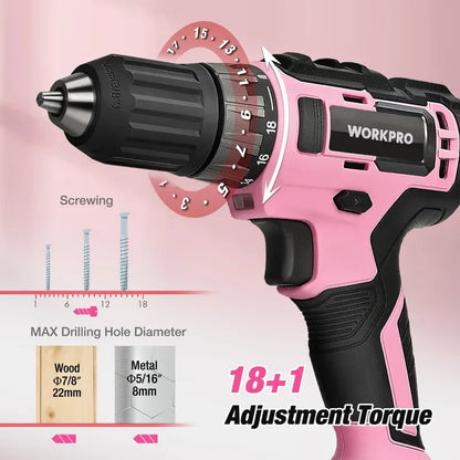 WORKPRO 20V Pink Cordless Drill Driver + 141-Piece Home Tool Kit  Pink Ribbon Bundle