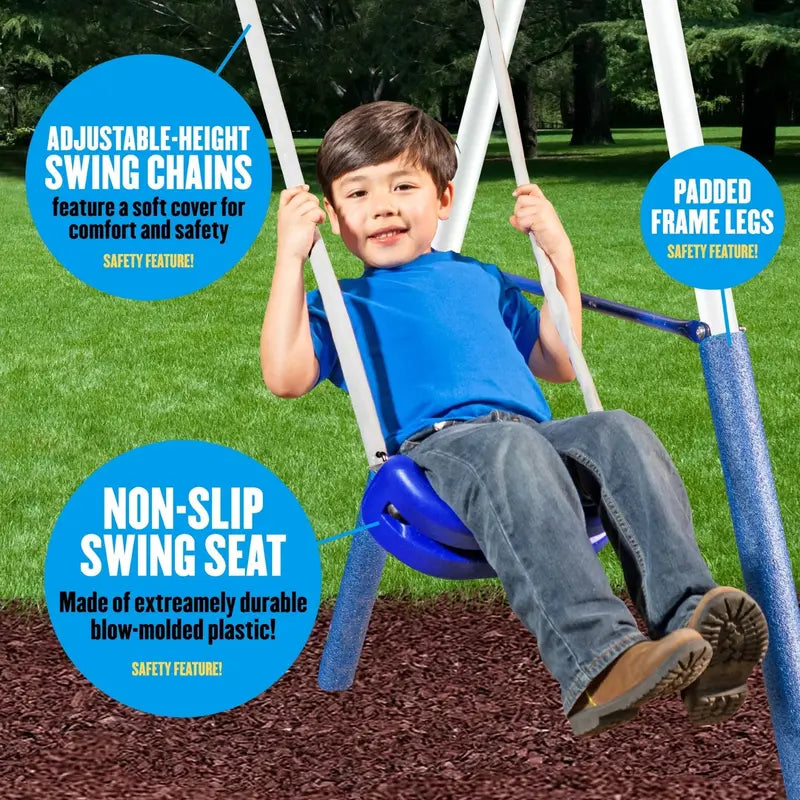 XDP Recreation Play All Day Metal Swing Set with Glider, Bench Swings, Trapeze & Wave Slide for Kids