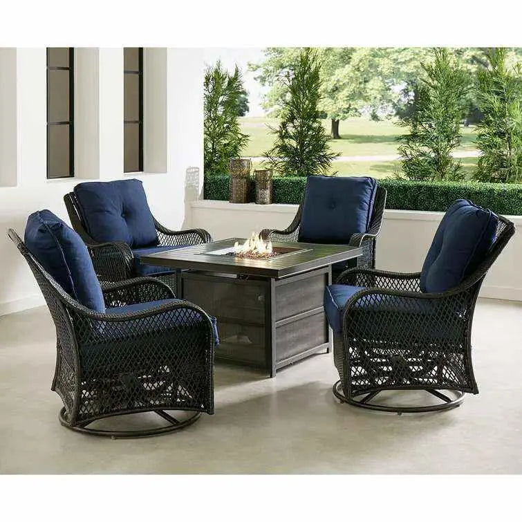 Orleans 5-Piece Patio Fire Pit Set — Steel Conversation Area with Swivel Gliders, Navy Cushions, and Square Table Base