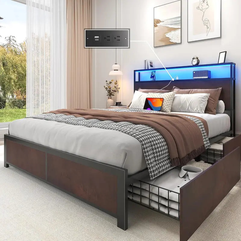 Lifezone Queen Platform Bed  2-Tier Storage Headboard with Charging Station, LED Lights & Quiet Metal Support