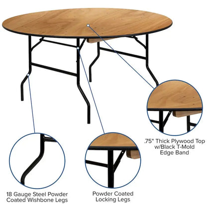 60-Inch Round Folding Banquet Table — Solid Wood Top with Smooth Finish