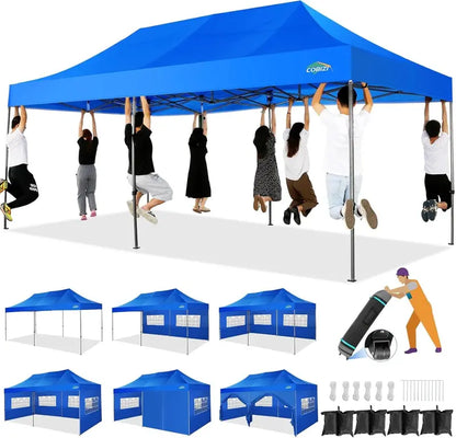 COBIZI Heavy-Duty 10×20 FT Pop-Up Canopy Tent  6 Wind-Resistant Sidewalls, Black Frame, Roller Bag