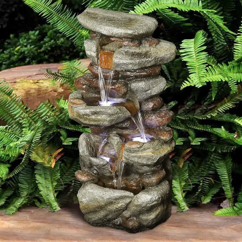 Watnature 4-Tier Rock Water Fountain with LED Lights  Outdoor Water Fountains Cascading Floor Water Feature Art Decor for Garden, Pation, Deck, Porch