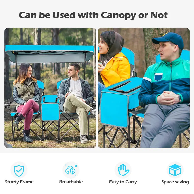 Dual-Person Camping Chair with Integrated Shade Canopy