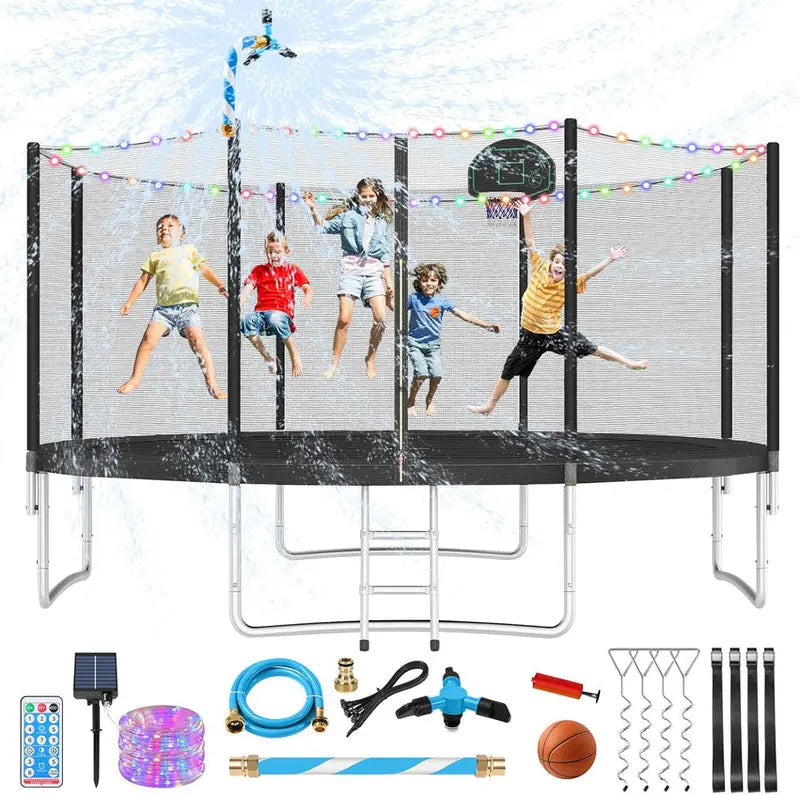 16-Foot Upgraded Trampoline with Enclosure Net and Adjustable Basketball Hoop
