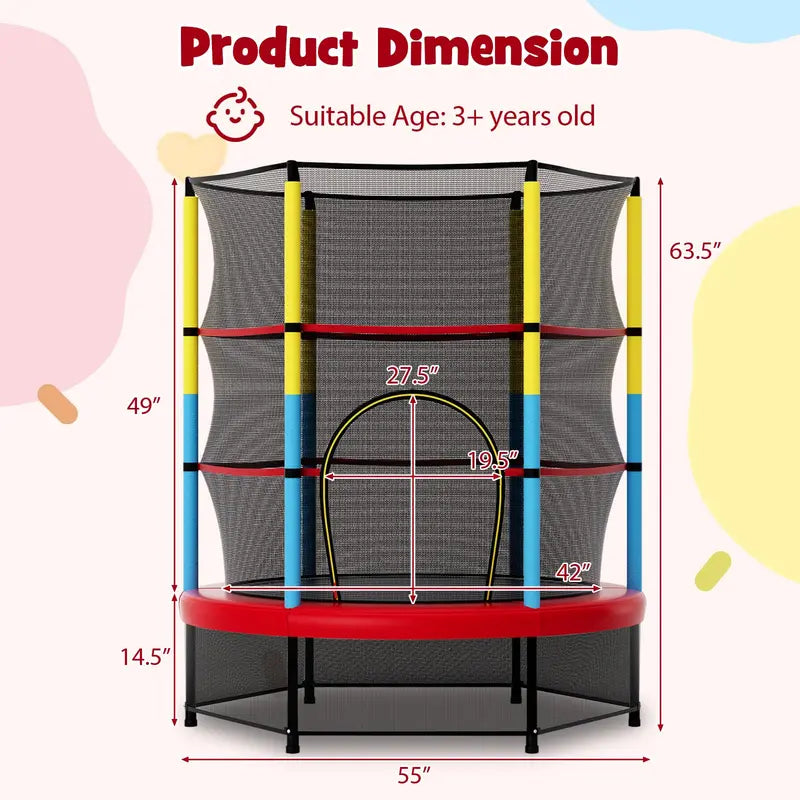 55-Inch ASTM-Certified Kids’ Trampoline with Enclosed Safety Net for Toddlers