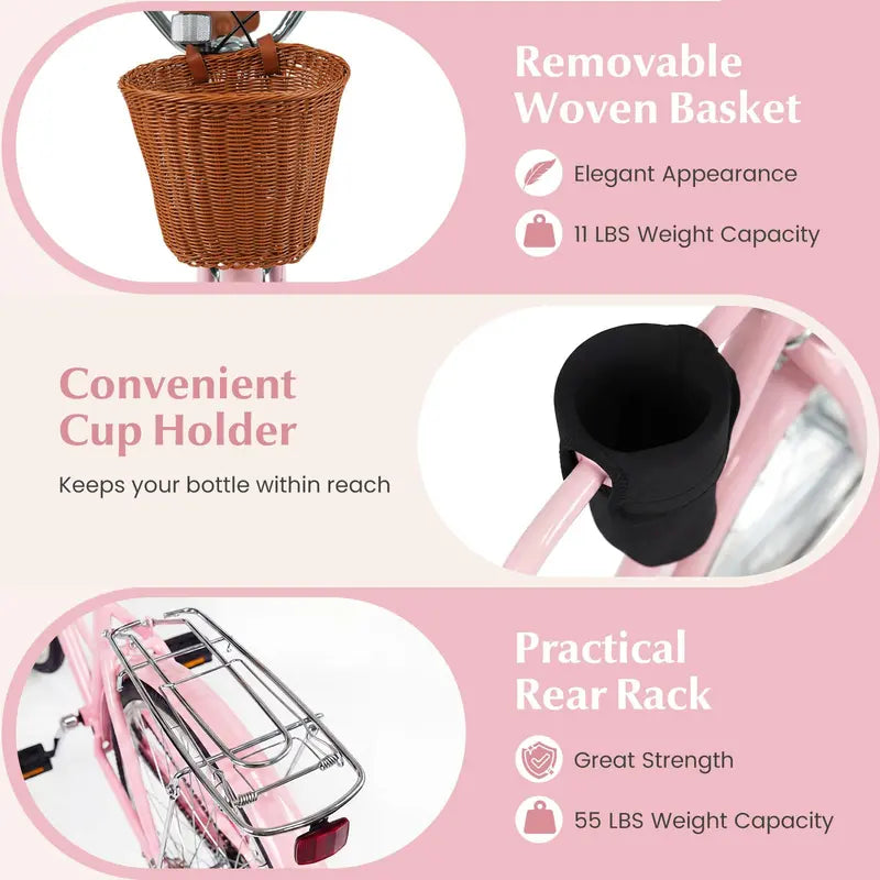 Women’s 24/26-Inch Beach Cruiser  Cup Holder, Reflectors, Stylish Basket Design