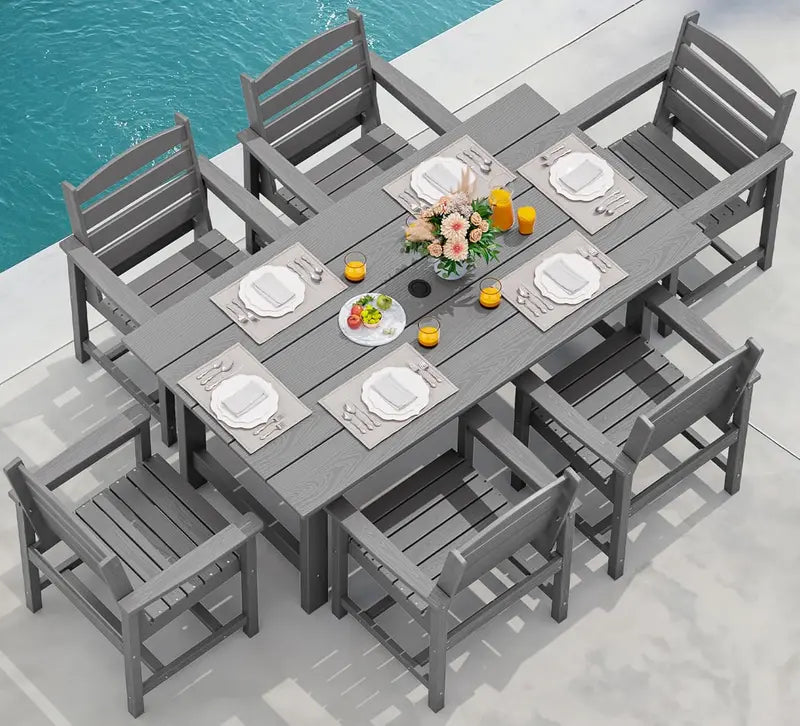 SERWALL 7-Piece Blue HDPE Outdoor Dining Set with Umbrella Hole and Stackable Chairs