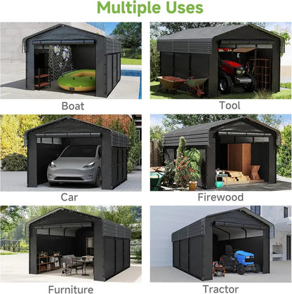 10 ft x 15 ft Reinforced Metal Carport  Weather-Resistant Outdoor Garage or Shade Structure