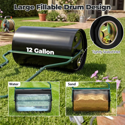 12-Gallon Lawn Roller  Water- or Sand-Filled Drum with U-Handle for Smooth Soil Compaction