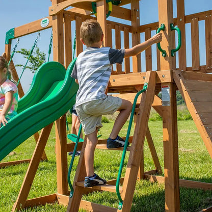Wooden Mountain-Themed Swing Set  Includes Canopy Shade, Wave Slide, Rope & Net Swings, Rock Wall, Ladders & Steering Wheel