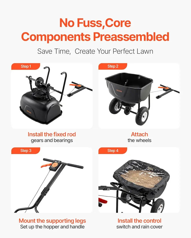 60-Lb Walk-Behind Broadcast Spreader  All-Terrain Push Spreader with 10″ Pneumatic Tires & Adjustable Spread Width