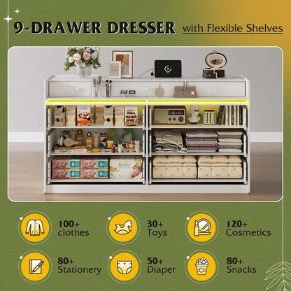 9-Drawer LED TV Dresser  58.35-Inch Wood Dresser with Power Outlets, Open Shelving & Bedroom Storage