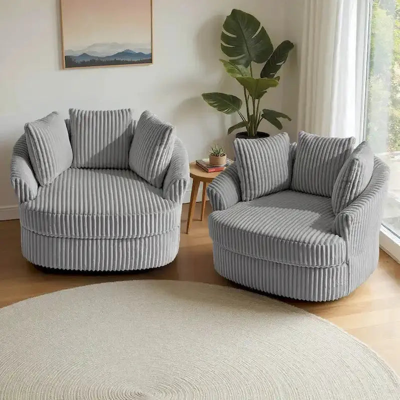 Set of Two Plush Corduroy Swivel Barrel Chairs  43¡å Wide with Decorative Pillows