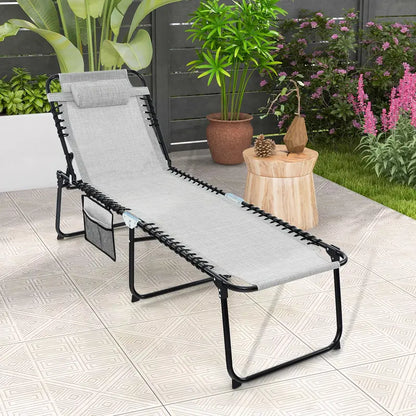 Adjustable Patio Chaise Lounge  Folding Recliner Chair with 4-Position Backrest, Side Pocket & Removable Headrest