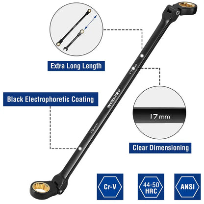 WORKPRO 5-Piece Extra-Long Flex-Head Ratcheting Wrench Set — Metric Sizes 819 mm, Rolling Pouch Included