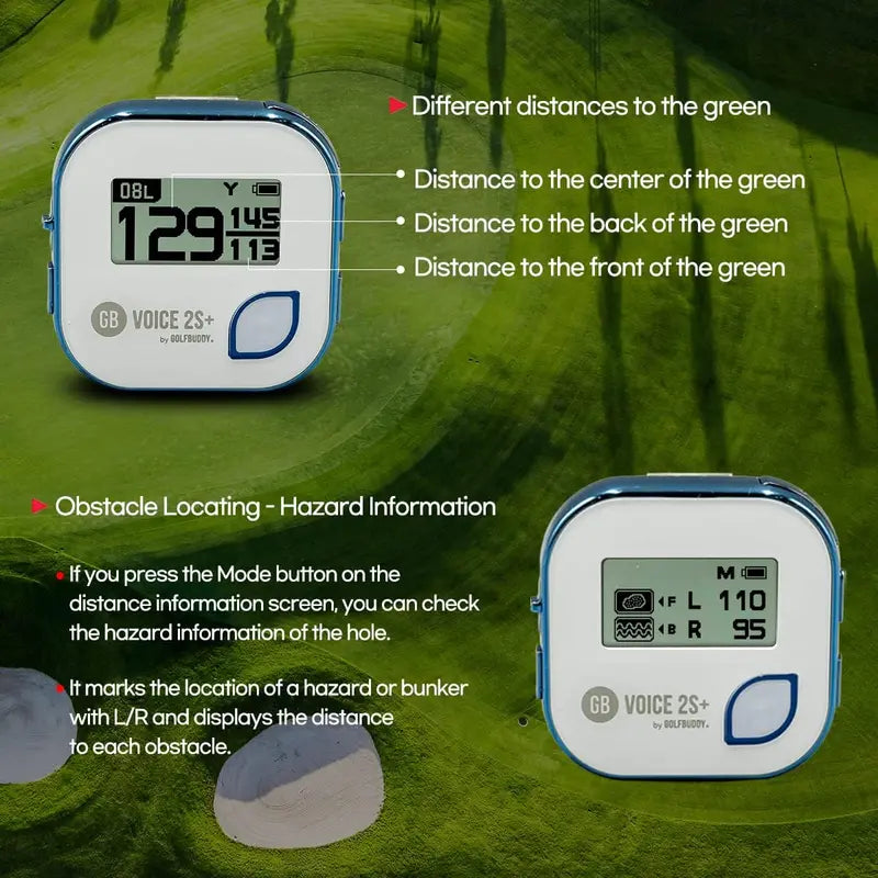 GOLFBUDDY Voice 2S+ Clip-On GPS Rangefinder, Slope Mode, 40,000 Courses, 18-Hour Battery, Blue