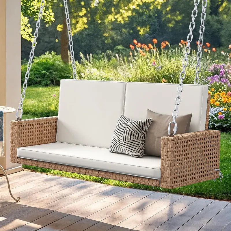 YITAHOME 3-Person Hanging Porch Swing  Wicker Outdoor Bench with Removable Cushions, Ideal for Patios, Balconies & Gardens (Brown)