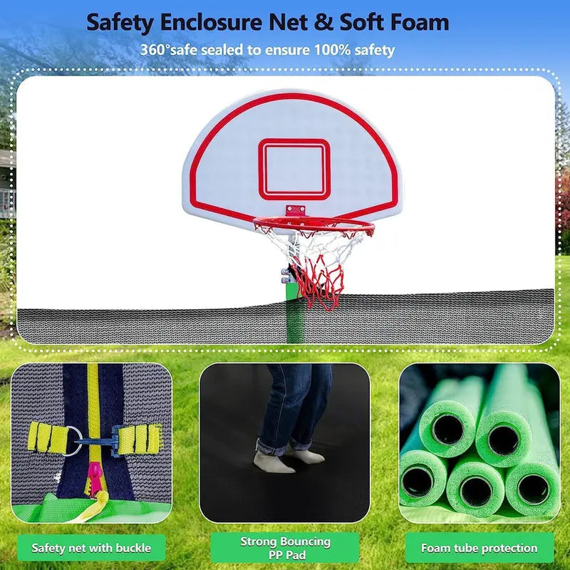 16-Foot Upgraded Trampoline with Enclosure Net and Adjustable Basketball Hoop