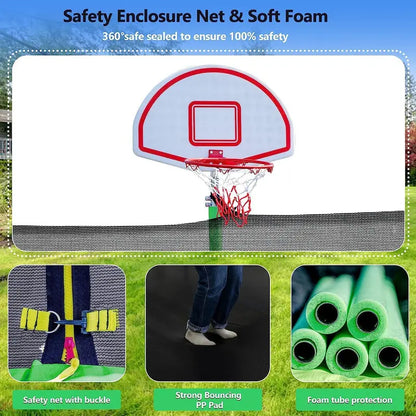 16-Foot Upgraded Trampoline with Enclosure Net and Adjustable Basketball Hoop