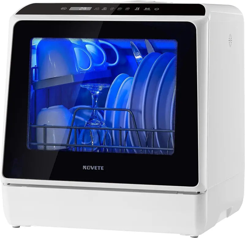 NOVETE Countertop Dishwasher  5L Built-in Water Tank, 5 Wash Cycles, Baby Care Mode, Air-Dry, and LED Interface for Compact Living