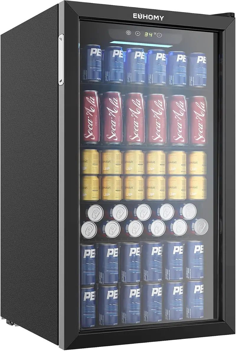 EUHOMY 130-Can Glass-Door Beverage Cooler  Silver Compact Fridge with Adjustable Shelving for Wine, Beer & Soda Storage