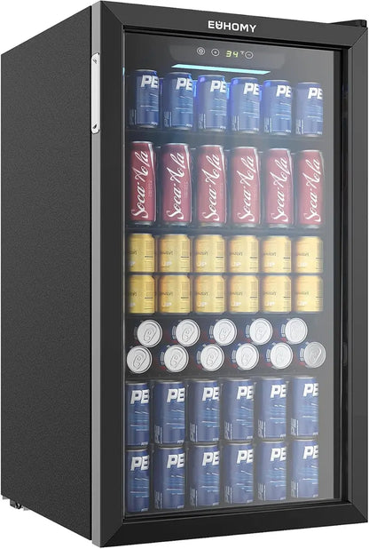 EUHOMY 130-Can Glass-Door Beverage Cooler  Silver Compact Fridge with Adjustable Shelving for Wine, Beer & Soda Storage
