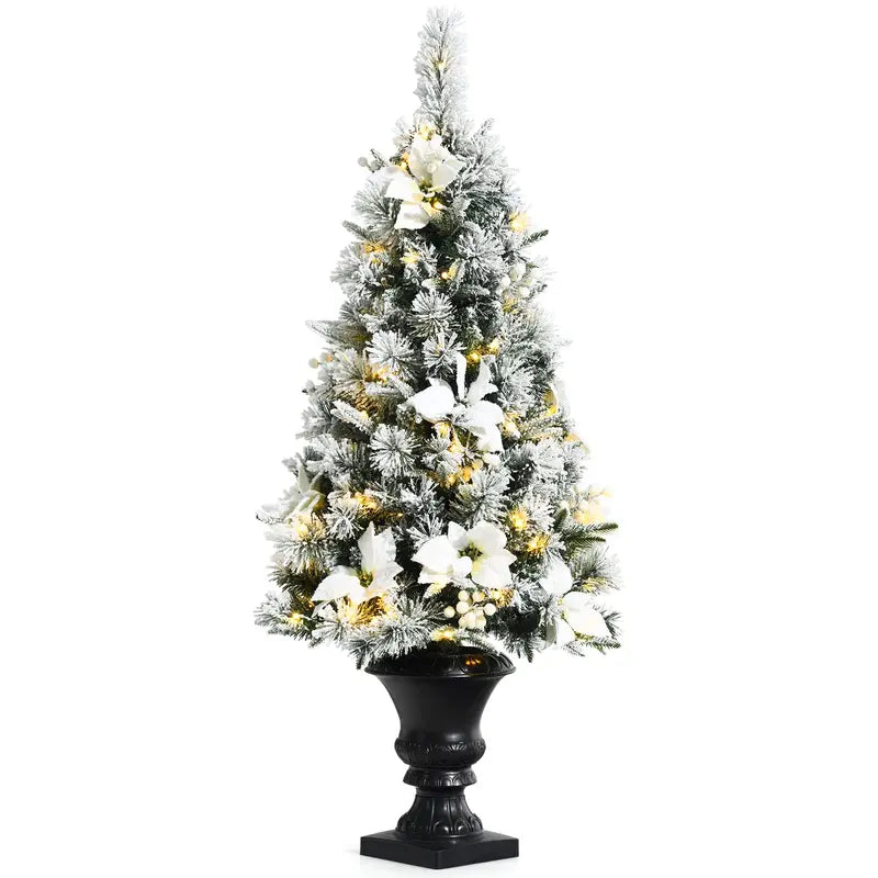 White Flocked Entryway Christmas Tree with Warm White Pre-Installed LED Lights