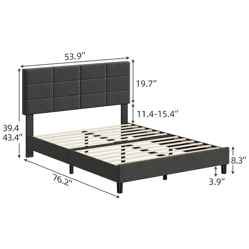 Linen-Finished Platform Bed Frame with Solid Wood Slats and Supportive Base