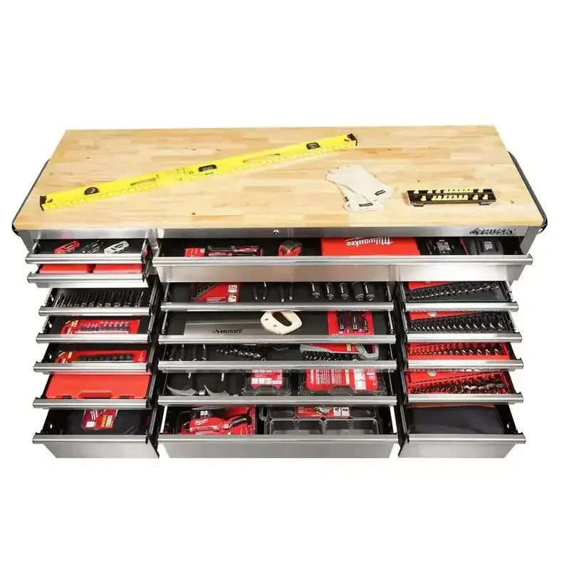 Heavy-Duty 72″ Rolling Workbench  18-Drawer Storage with Reinforced Wood and Steel Construction