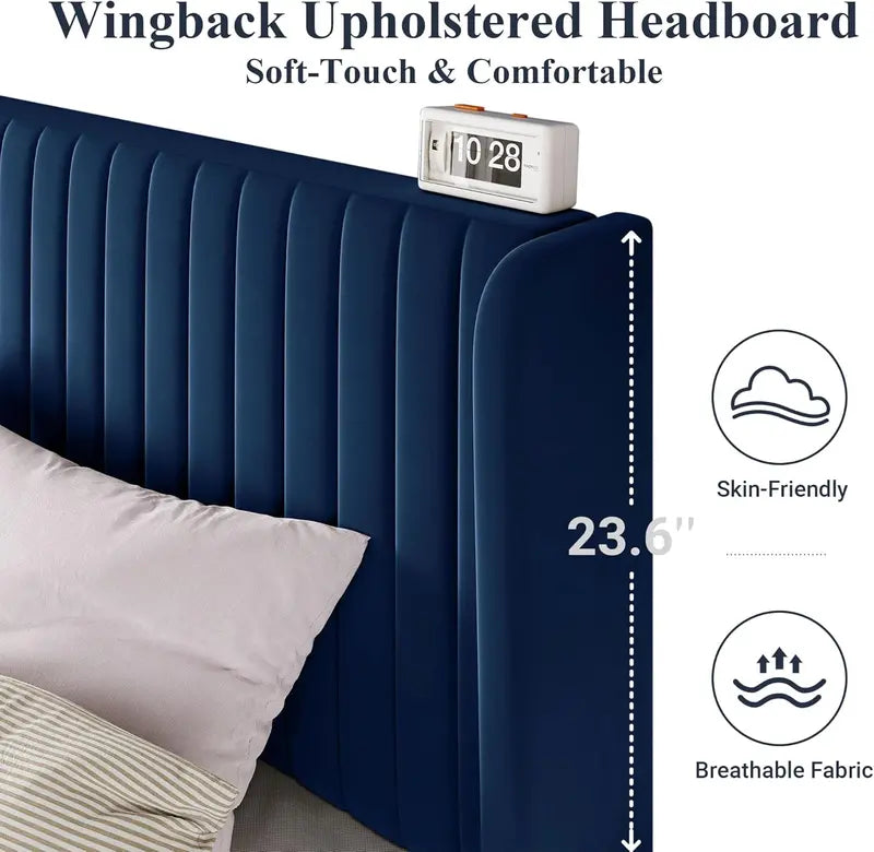Allewie Full Size Velvet Wingback Bed  Channel-Tufted Upholstered Frame with Vertical Headboard