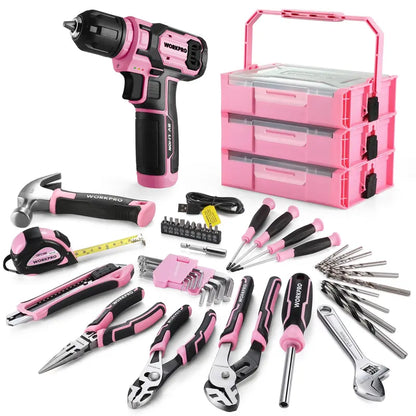 WORKPRO 43-Piece 8V Cordless Drill Driver Kit with Stackable Pink Tool Storage Box